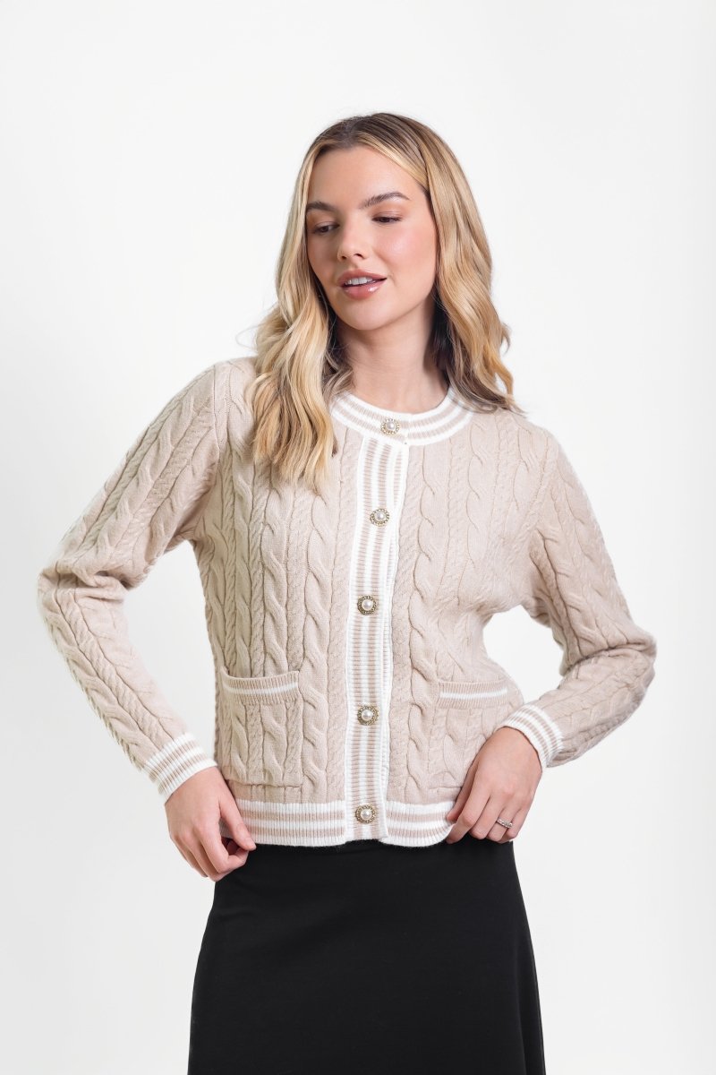 ANN CARDIGAN (KHAKI/IVORY) - Top - Yakira Bella