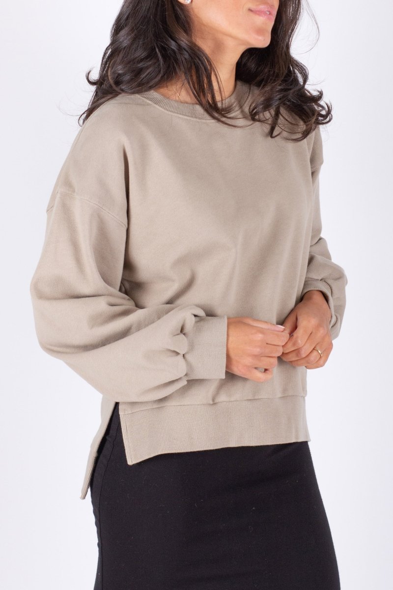 CREWNECK SIDE SLIT SWEATSHIRT (LIGHT MOCHA) - Top - Yakira Bella