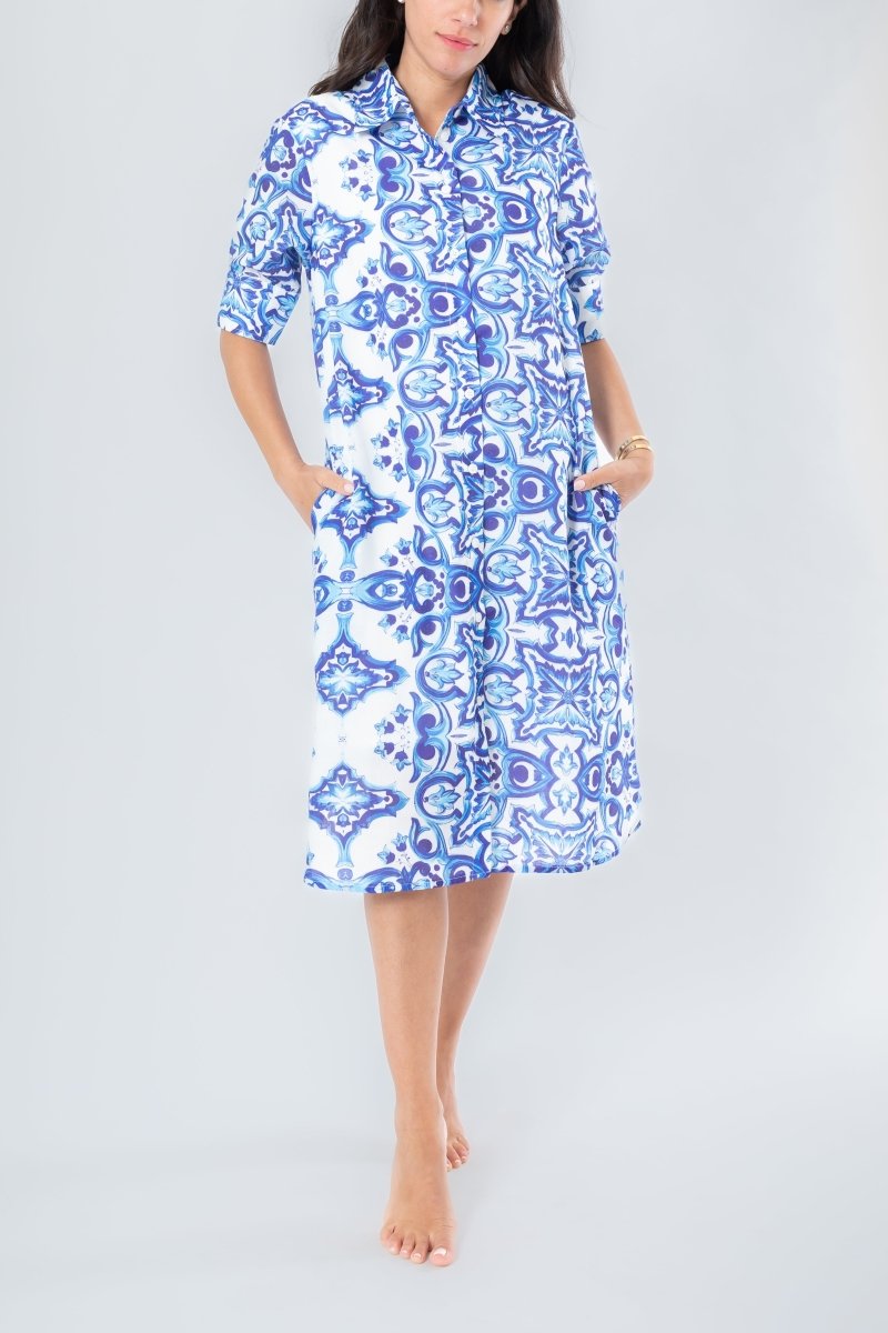 LAILA DRESS (WHITE/BLUE) 41" - Dress - Yakira Bella