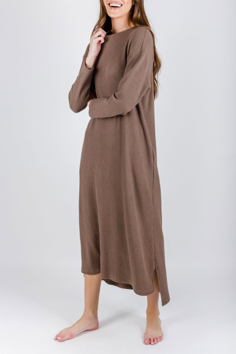 REESE DRESS WAFFLE Long Sleeve (BROWN) - Dress - Yakira Bella